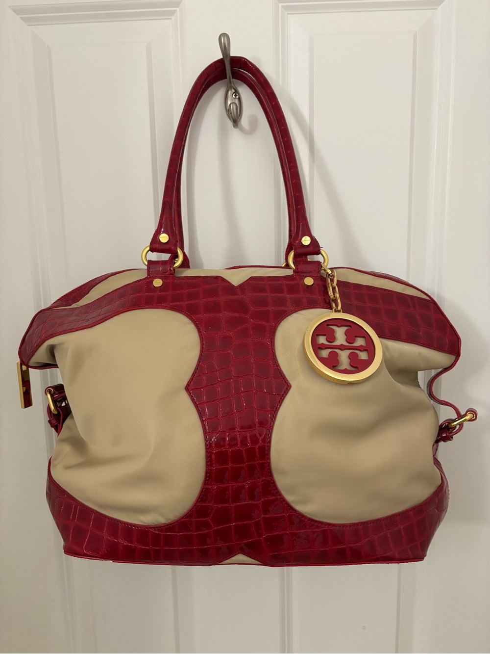 EUC Tory Burch Tote Bag, Tan nylon and Embossed with Faux Red Crocodile,